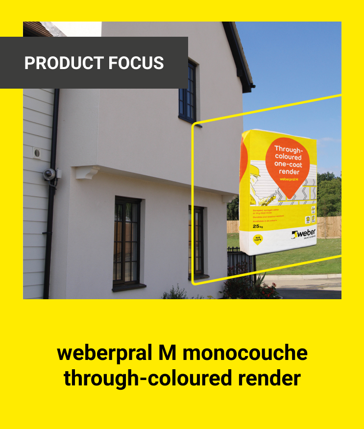 The image shows weberpral M monocouche through-coloured render