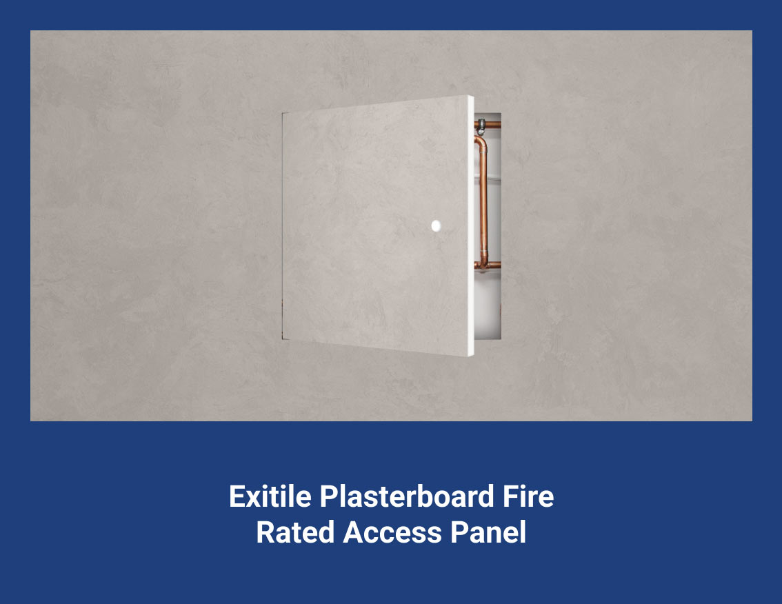 The image shows Exitile’s plasterboard fire rated plasterboard access panel