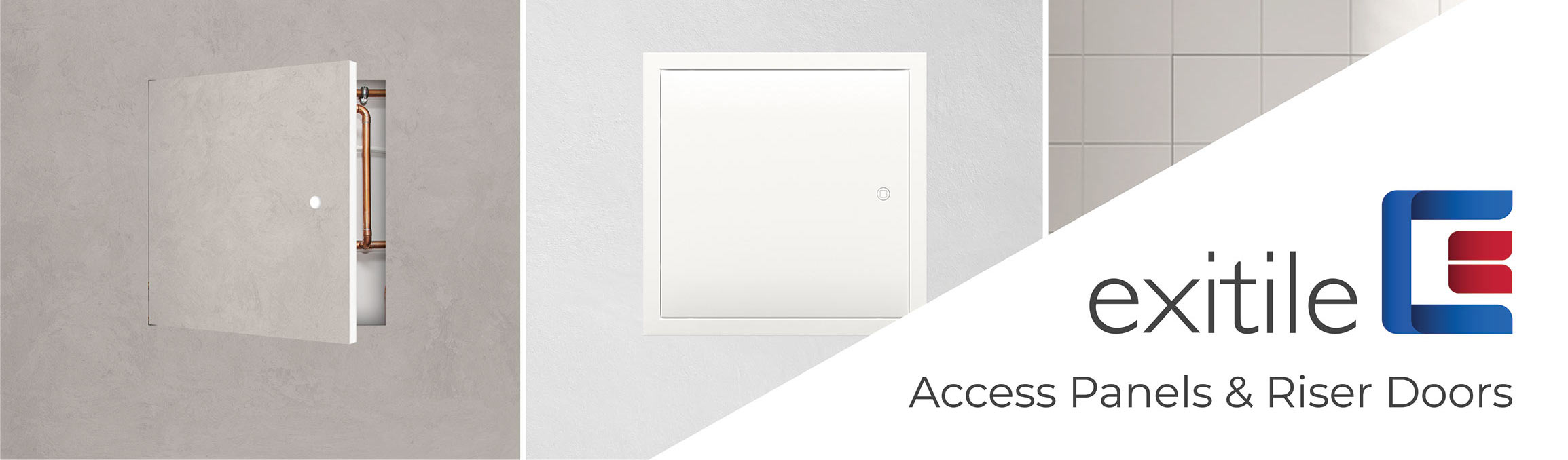 The image showcases two different access panel styles, one blending into a wall finish, and the other as a white-framed panel. On the right, the Exitile’s logo and product description are visible: "Exitile: Access Panels & Riser Doors."