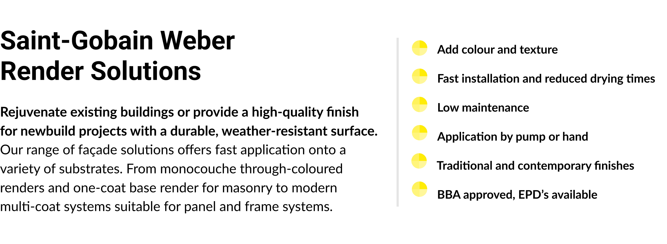 The image contains a paragraph and bullet points about the characteristics and attributes of the saint-gobain weber render solutions