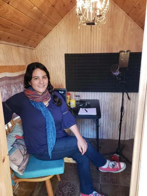 Author Mary Castillo in her home recording booth