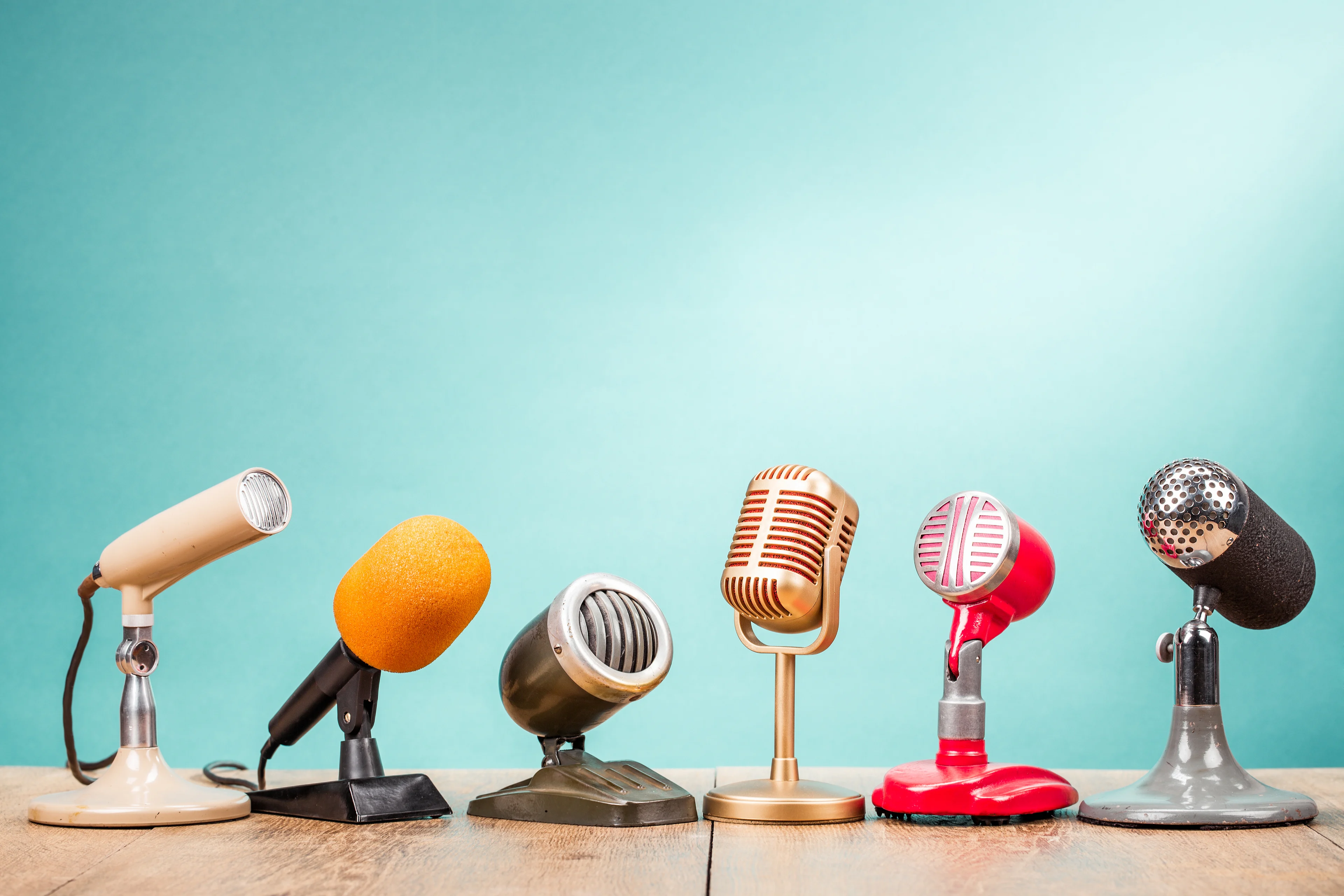 choice, multiple microphones, bright blue background