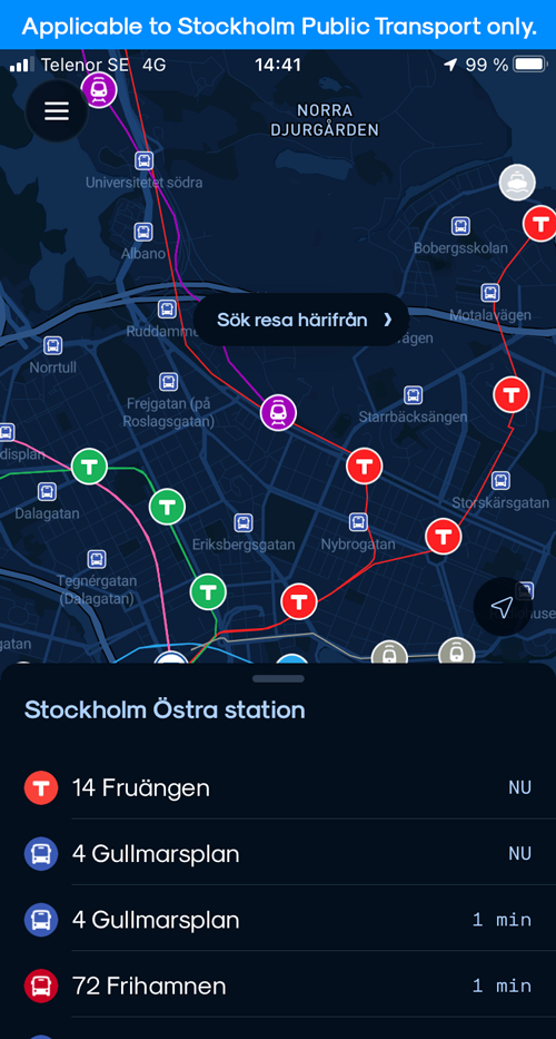 Next departure. Please note that this feature currently only applies to SL – Stockholm Public Transport.