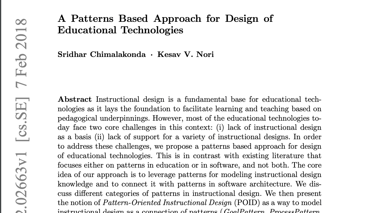 Screenshot of the article -  A Patterns Based Approach for Design of Educational Technologies