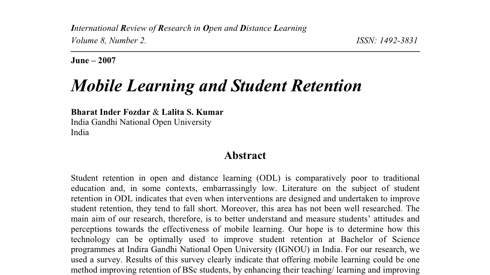 Screenshot of article: Mobile Learning and Student Retention