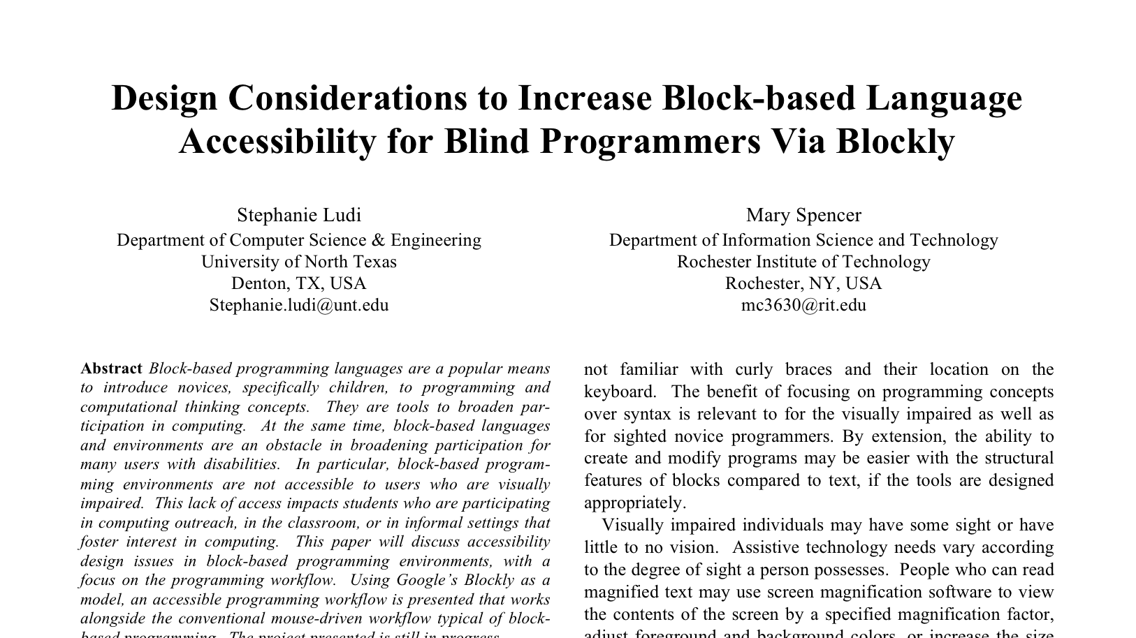 Thumbnail: Design Considerations to Increase Block-based Language Accessibility for Blind Programmers Via Blockly