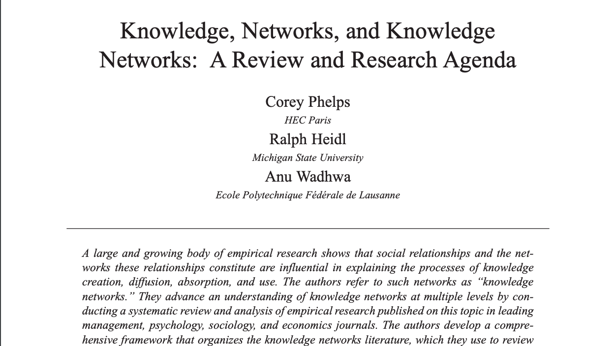 Document cover: Knowledge, Networks, and Knowledge Networks: A Review and Research Agenda