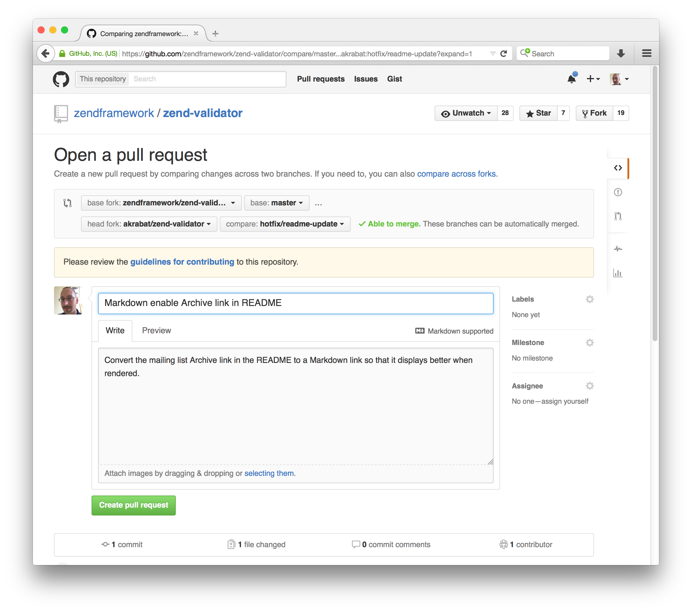 Screenshot: Zend framework pull request on GitHub