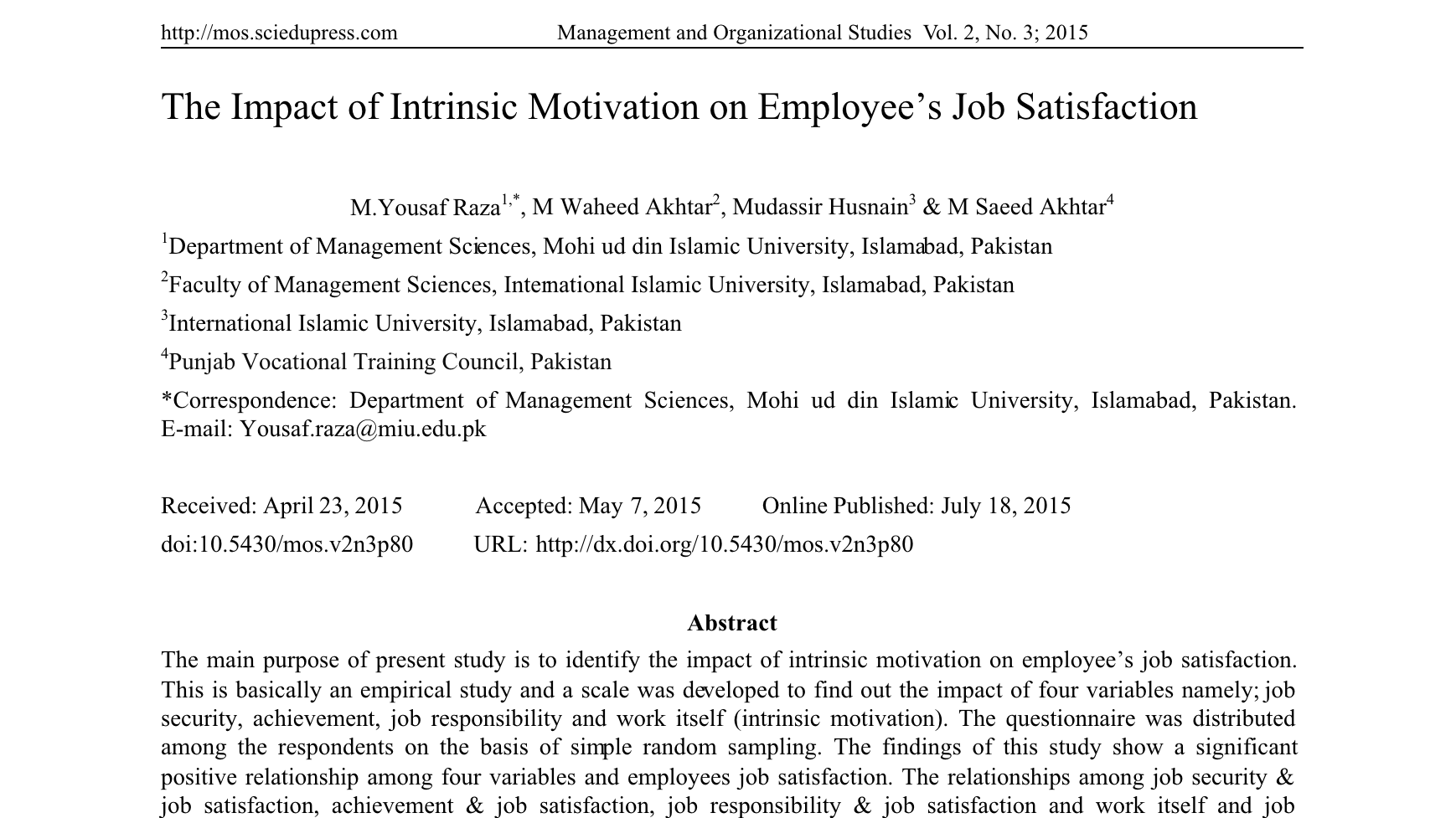 Screenshot of: The Impact of Intrinsic Motivation on Employee’s Job Satisfaction