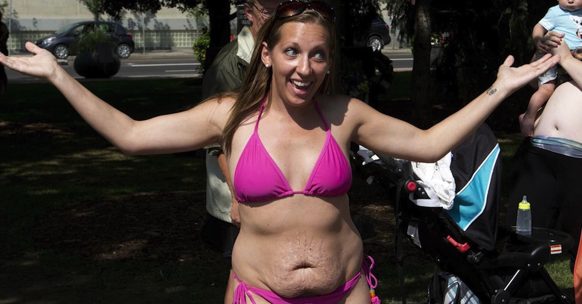 Amused customers mock the VERY racy high-cut bikinis taking the