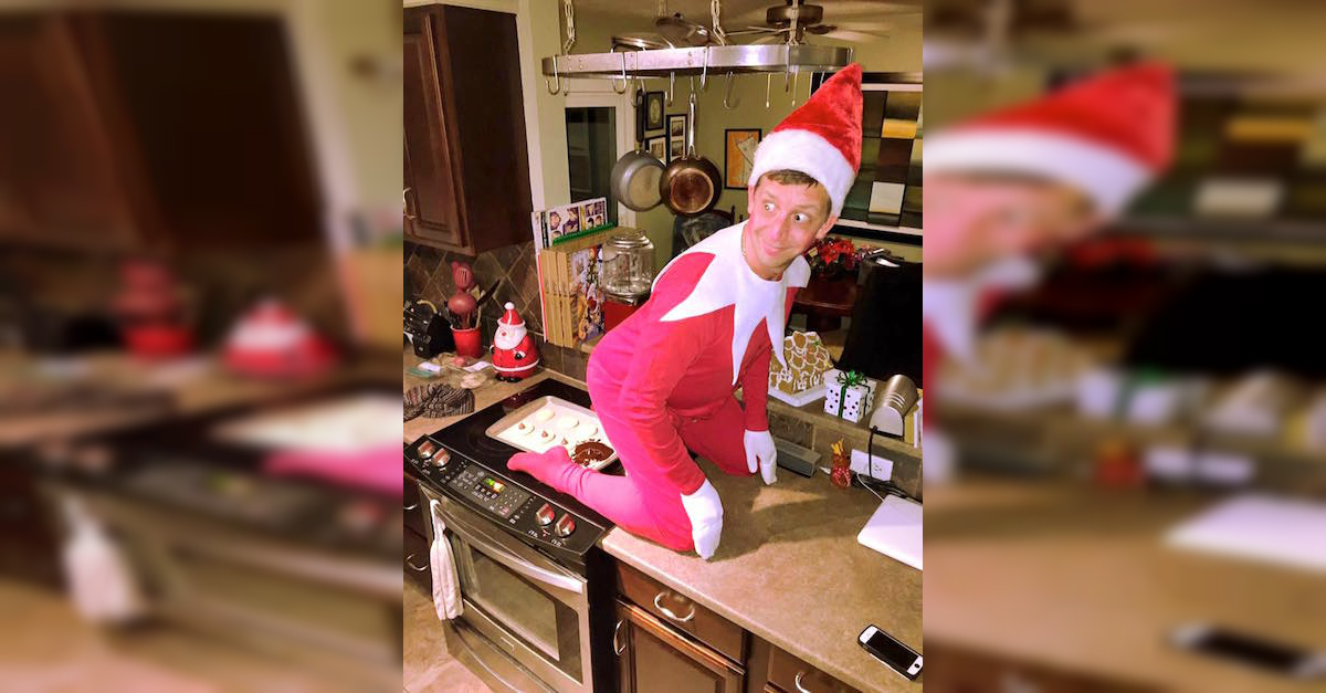 man dressed up as elf on the shelf