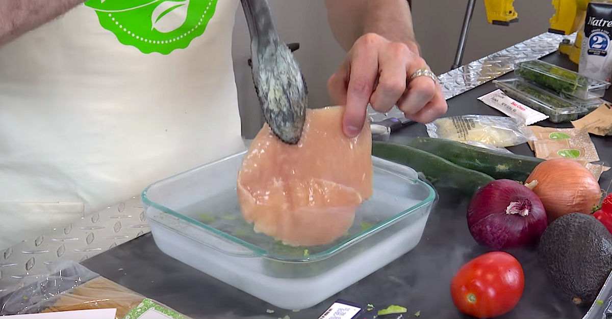 He Dips A Raw Chicken Breast Into Liquid Nitrogen. 30 Seconds Later