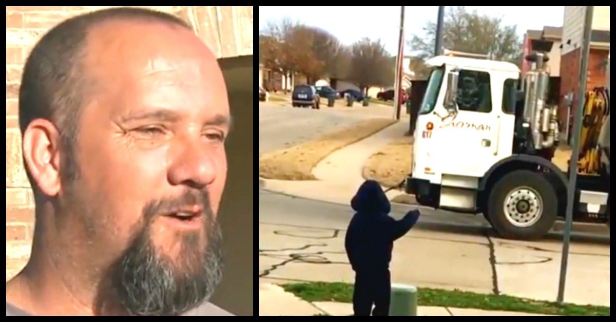 Garbage Man Sees Little Boy In Black Waiting On Street