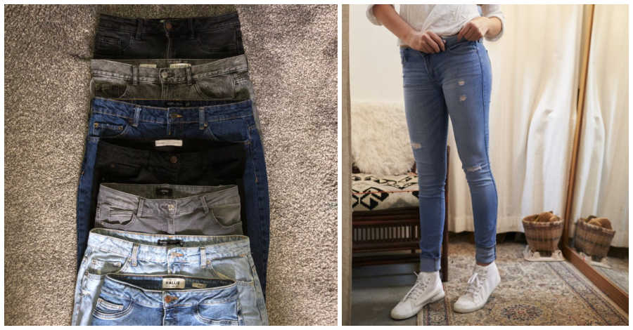 Woman tries on jeans in two different sizes to show how different