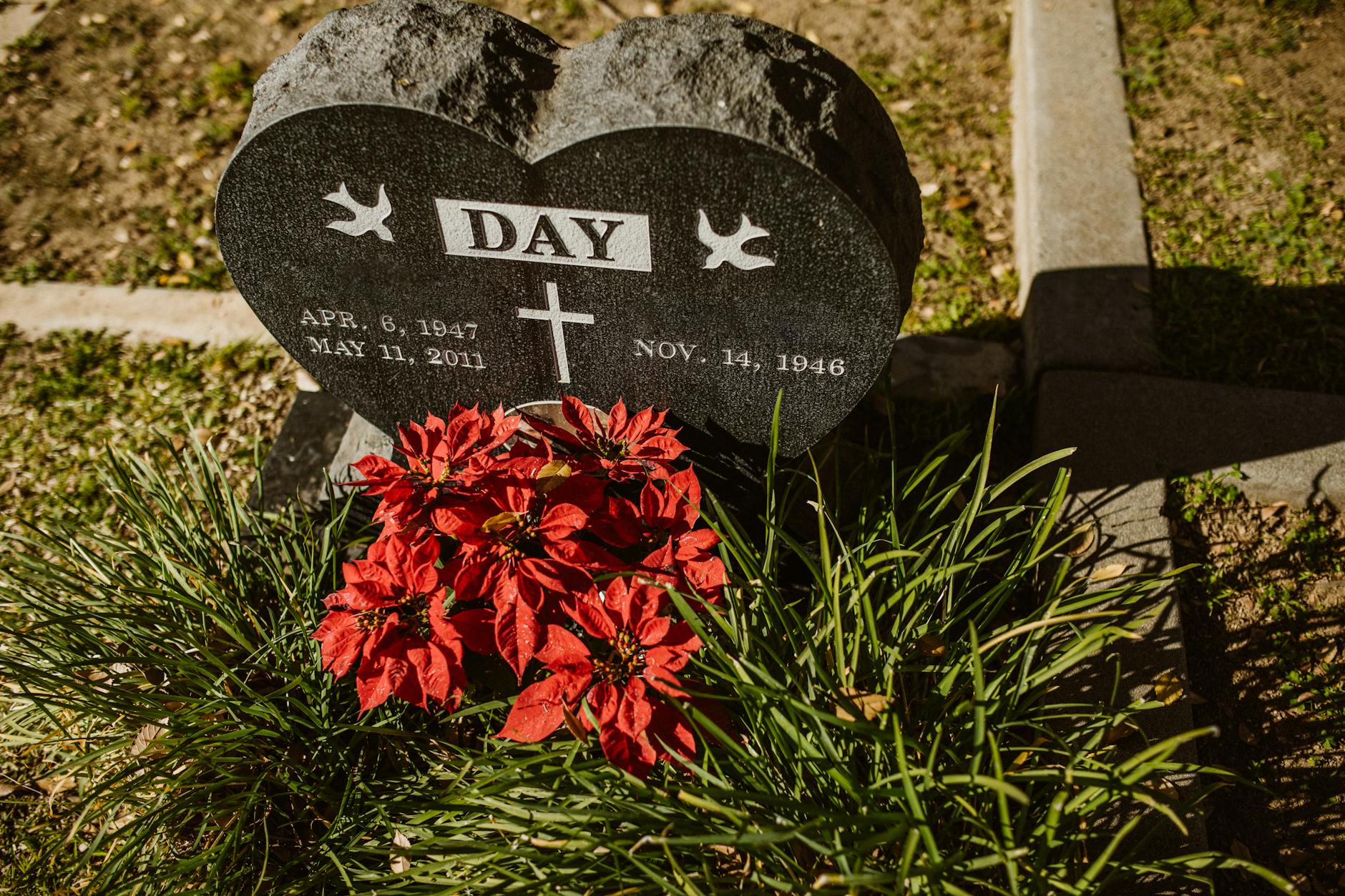 Heart-shaped gravestone with bright red flowers in a peaceful cemetery setting.