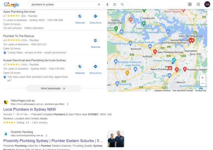 a google search result for "plumbers in Sydney"