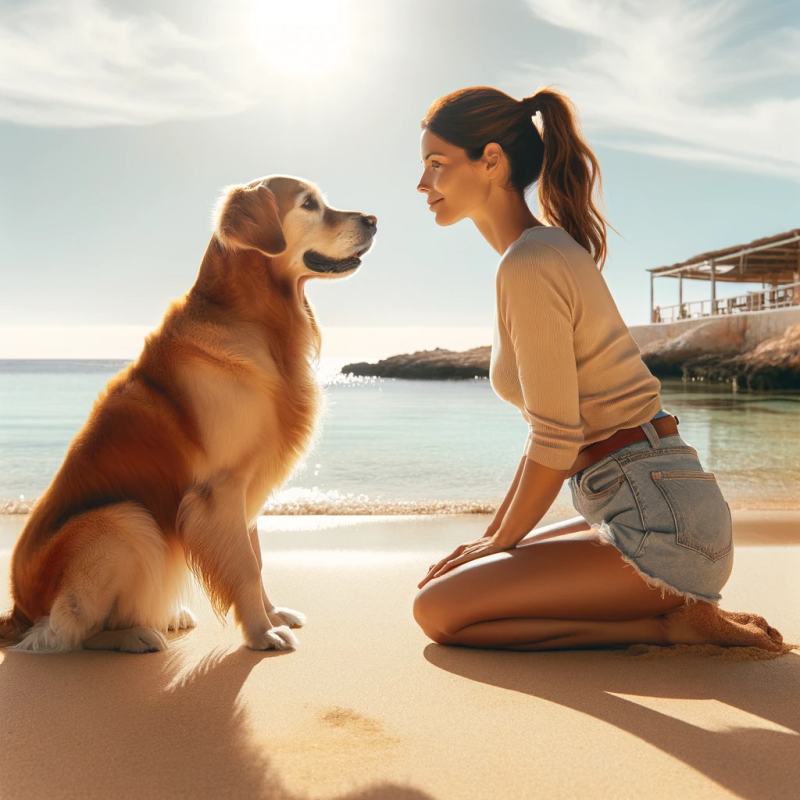 A woman on her knees facing a dog at a beautiful beach, both staring at each other with love. The scene includes a clear, sunny sky, the sea in the background