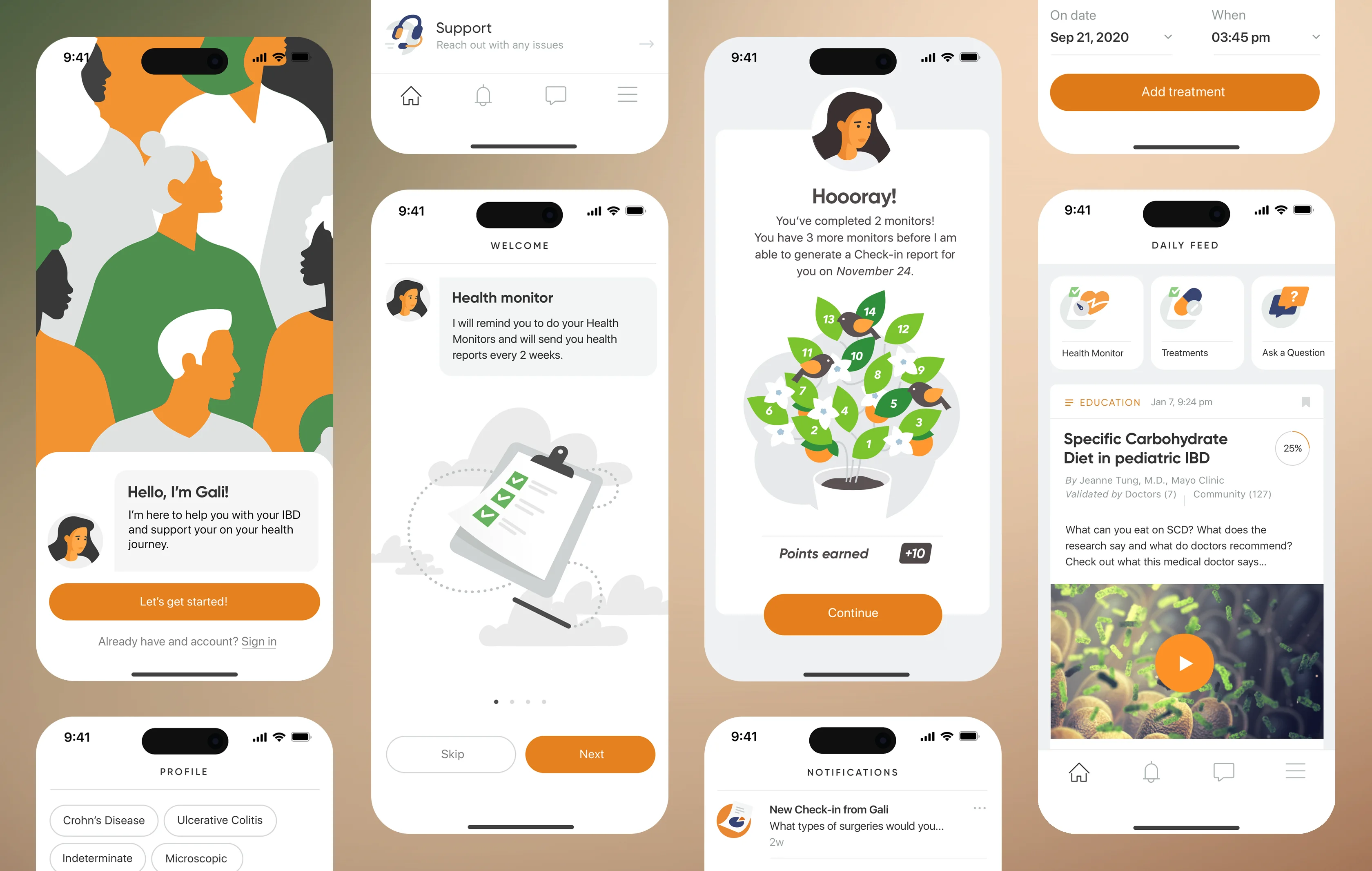 Collection of Gali IBD support app screens featuring onboarding, health monitoring, treatment tracking, progress rewards, notifications, and educational content