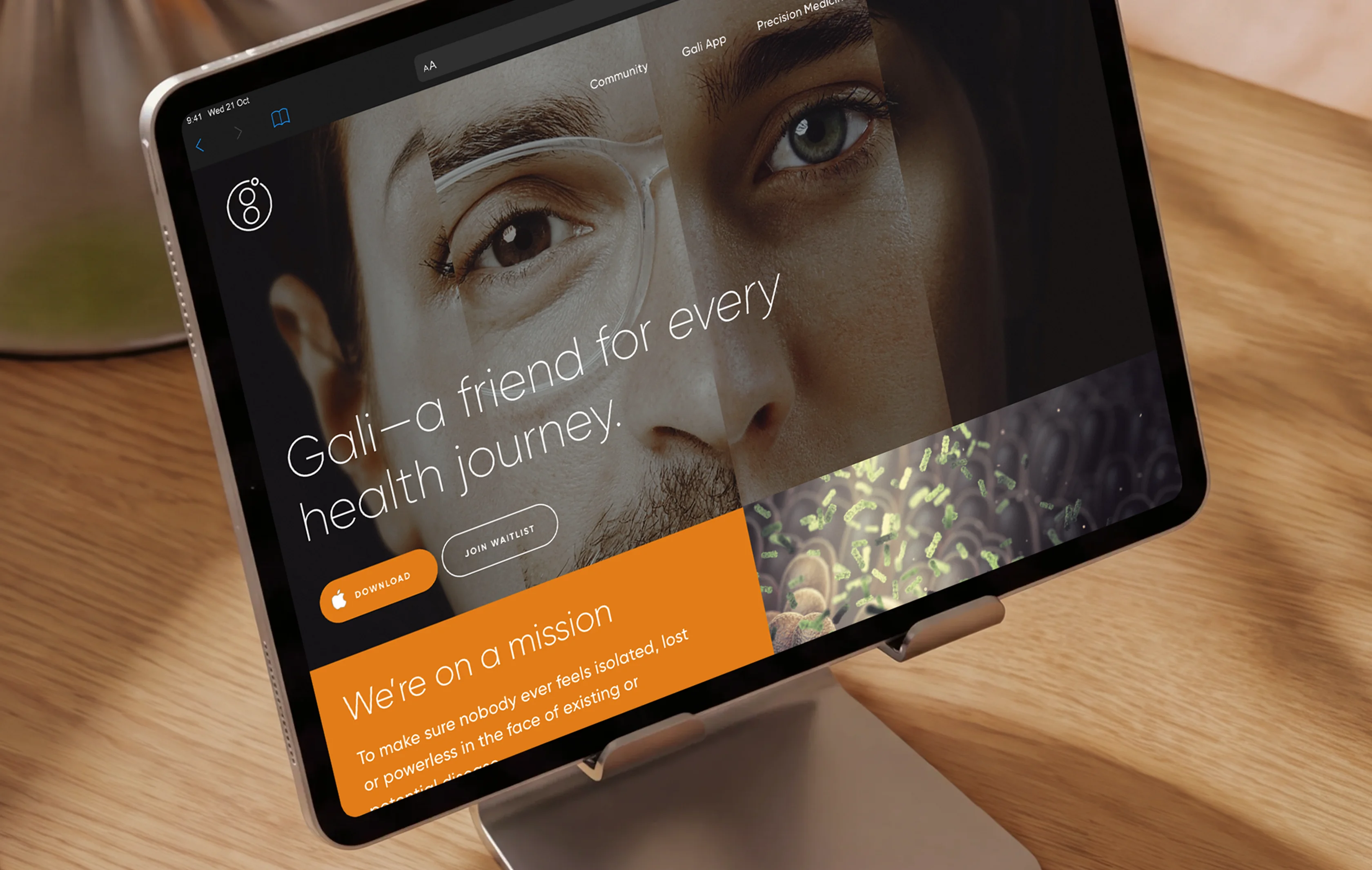 Gali digital health website displayed on a tablet, promoting personalized support throughout the health journey