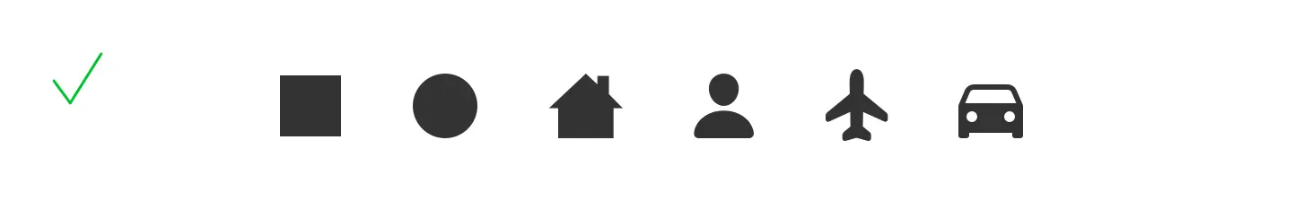 Simple square, circle, house, person, airplane, and car icons, marked with a green check as clear symbols suitable for pictogram charts.
