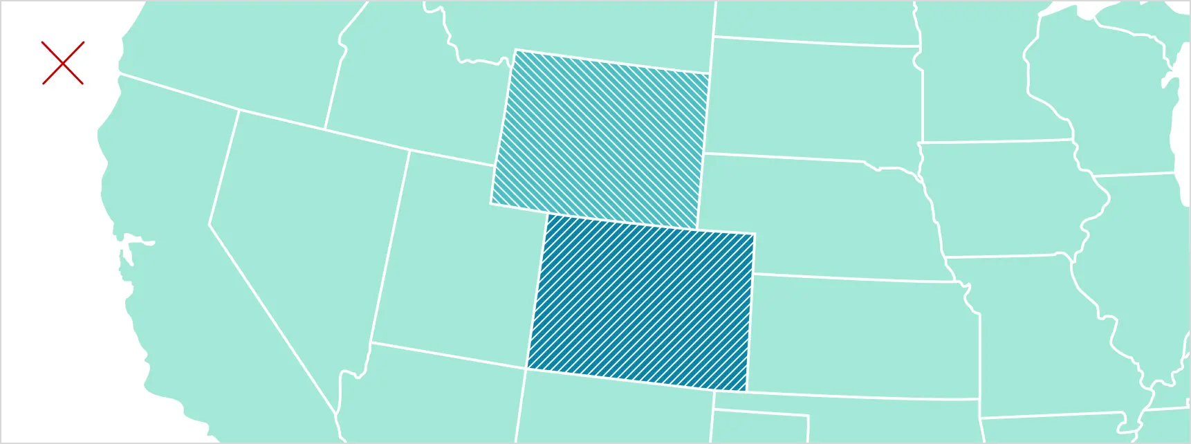 Map with diagonal hatching over Wyoming and Colorado, marked with a red X to illustrate distracting map shading.