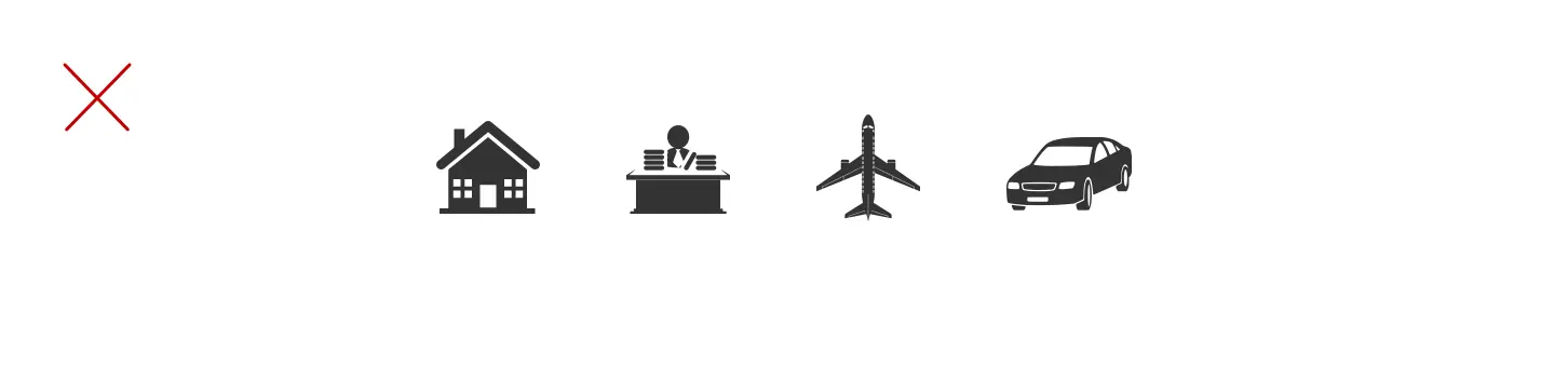 Detailed icons of a house, office worker, airplane, and car, marked with a red X to illustrate overly complex symbols for pictogram charts.