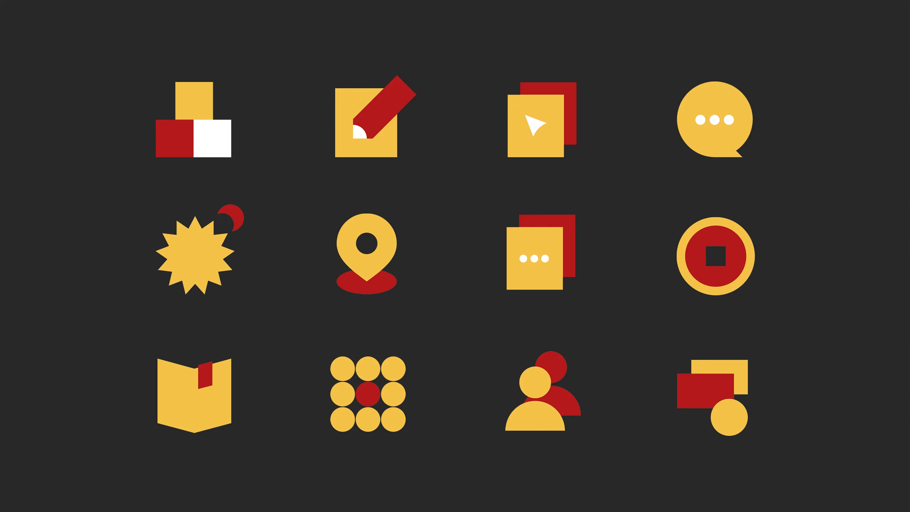Twelve geometric icons for the CAIS website in red, gold, and white on a dark background, including a book, pencil, speech bubble, location pin, and Chinese coin.