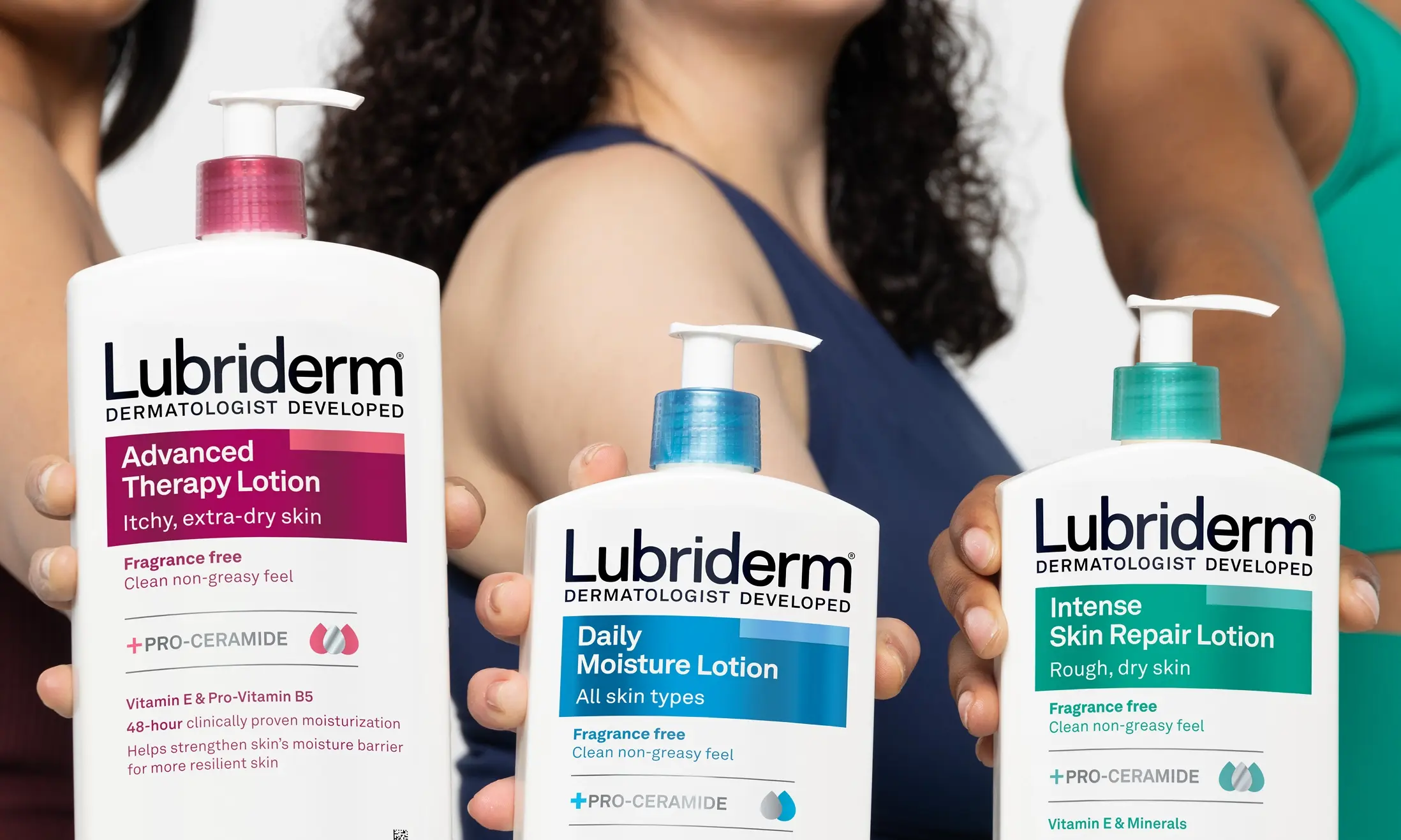 The Lubriderm® products line up you love, people highlighting lotion bottles