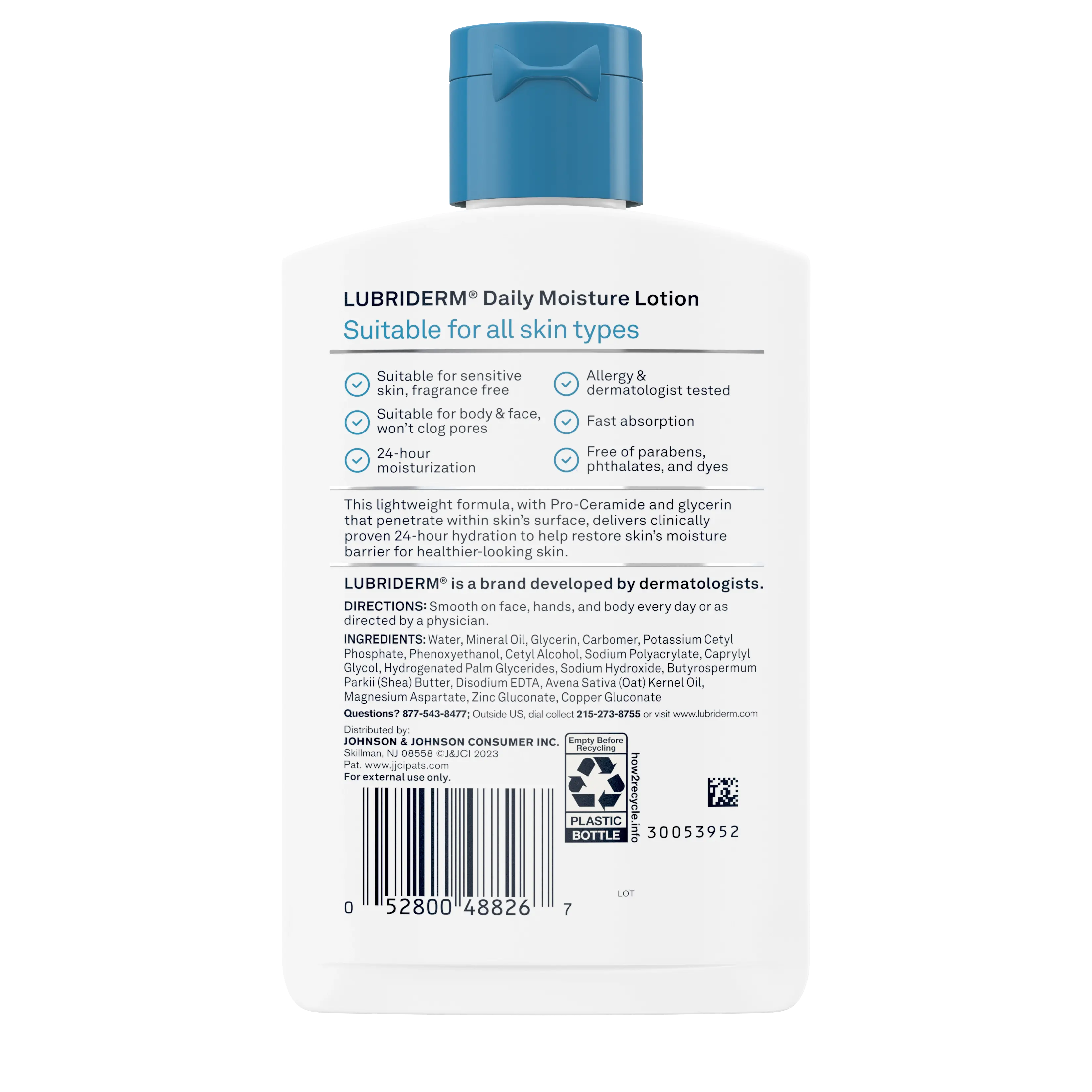 Back Pack shot of Lubriderm® Daily Moisture Lotion Fragrance-Free 6 oz