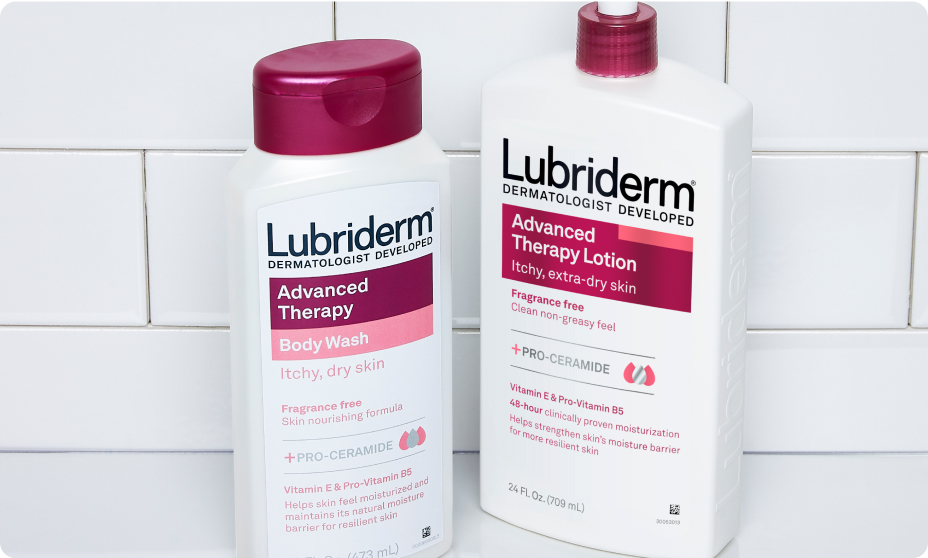 Lubriderm(R) Advanced Therapy products on dark pink background