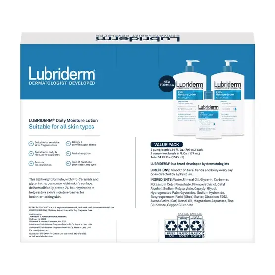 Back Pack shot of Lubriderm® Daily Moisture Lotion Fragrance-Free 24 fl oz, 2-count + 6 fl oz