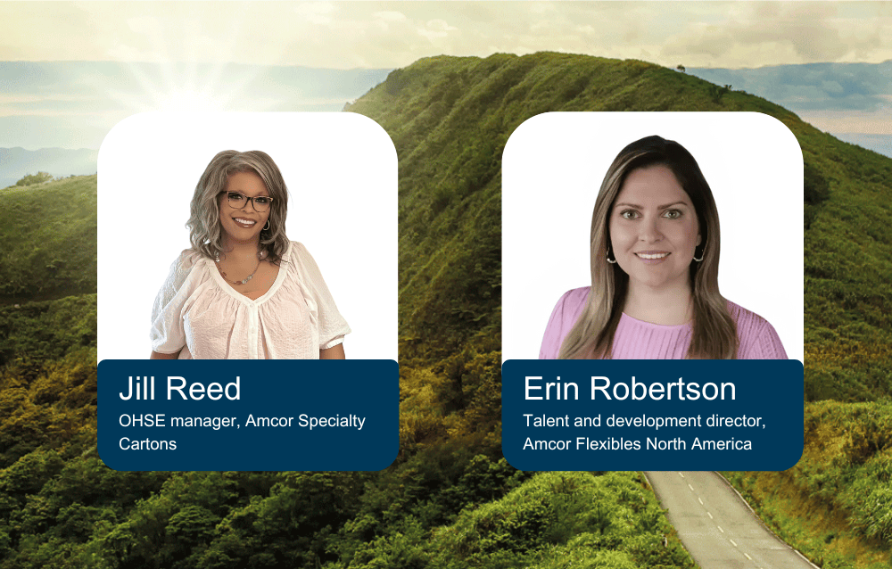 On the left, Jill Reed, OHSE manager at Amcor Specialty Cartons, is shown wearing glasses and a light-colored blouse. On the right, Erin Robertson, 