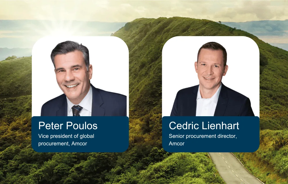 Peter Poulos, Vice President of Global Procurement at Amcor, is shown smiling, wearing a dark suit and tie. On the right, Cedric Lienhart