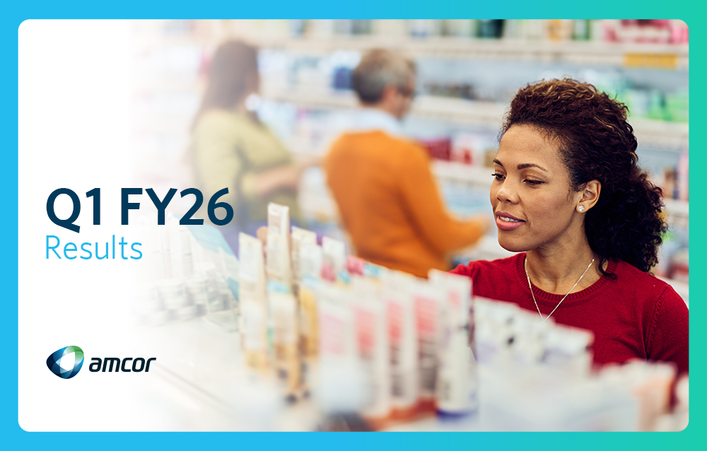 Customer browsing pharmacy shelves with Q1 FY26 Results text
