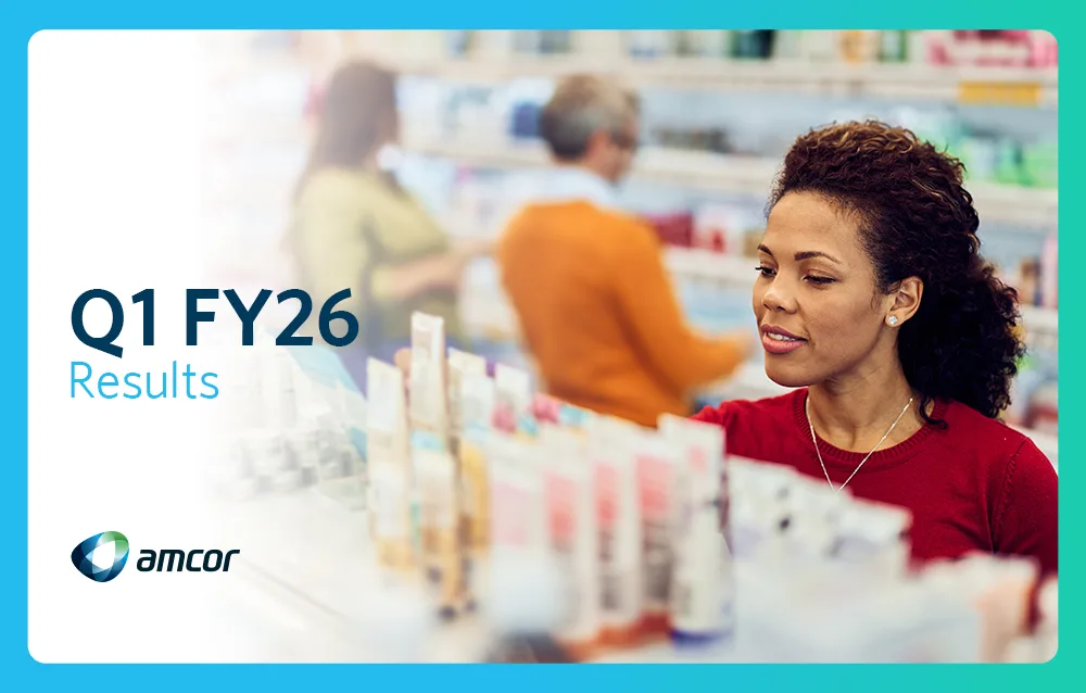 Customer browsing pharmacy shelves with Q1 FY26 Results text