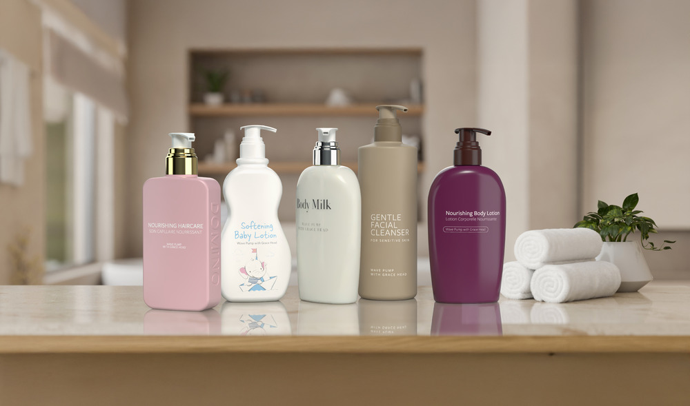 Skincare and body care products on bathroom counter