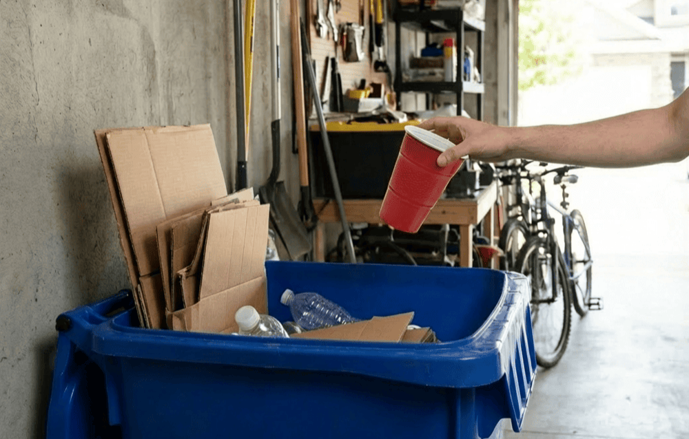 Hand dropping a red plastic cup into a blue recycling bin