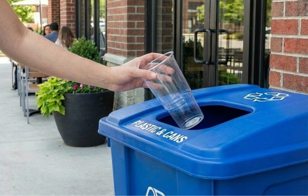 Hand dropping a red plastic cup into a blue recycling bin