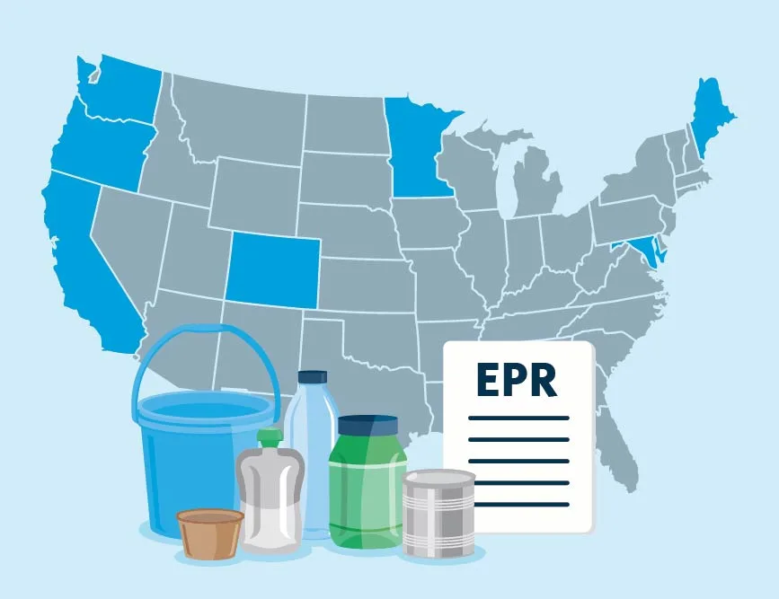 US map showing EPR states with recyclable containers