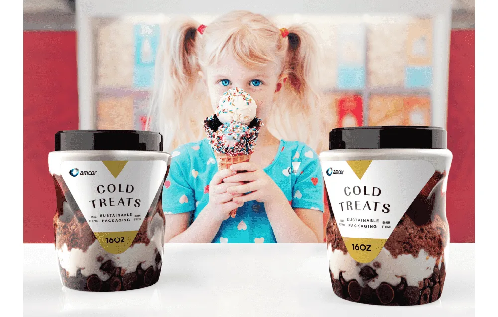 girl holding an icem cream with 2 packages of Amcor ice cream in the foreground