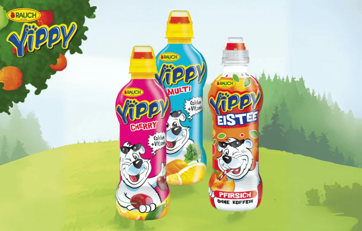 Rauch Yippy fruit drinks in colorful bottles
