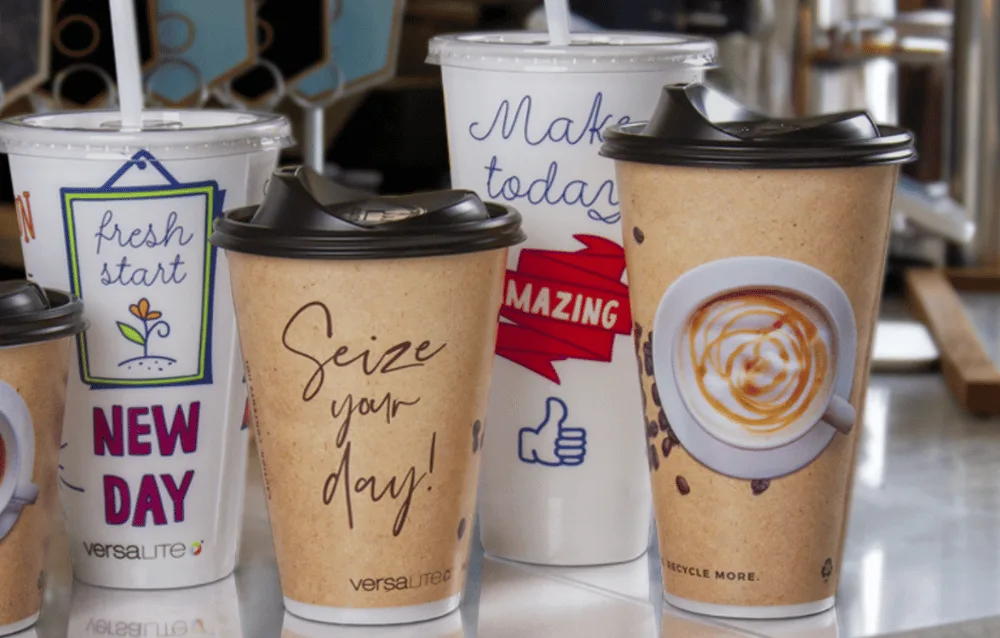 Branded VersaLite coffee cups with motivational designs