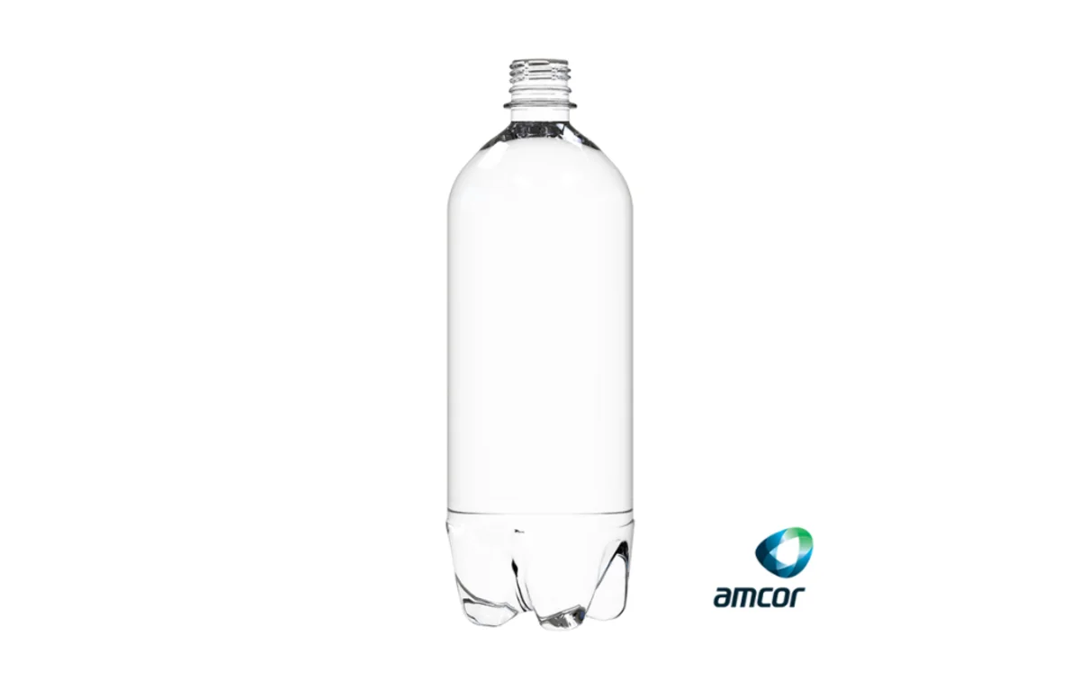 Rigid transparent bottle with amcor logo