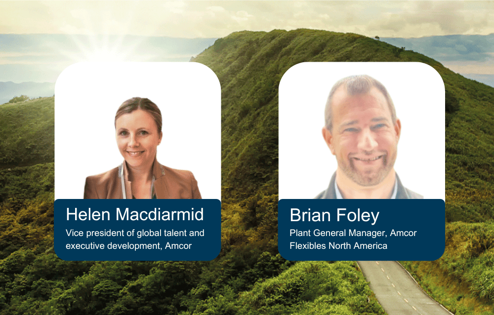 Helen Macdiarmid, titled 'Vice president of global talent and executive development at Amcor.' The second profile is of Brian Foley