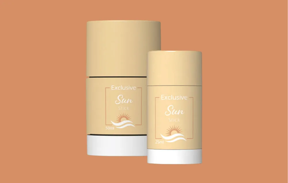 Two Exclusive Sun Stick products in beige packaging