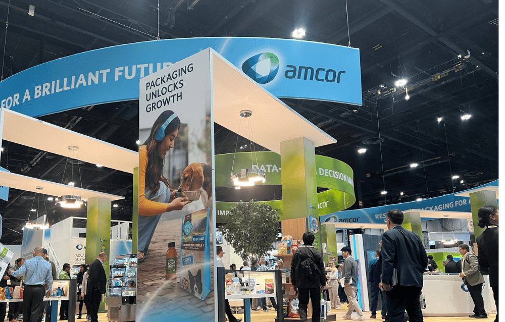 Amcor logo, packaging for a brilliant future, packaging unlocks growth