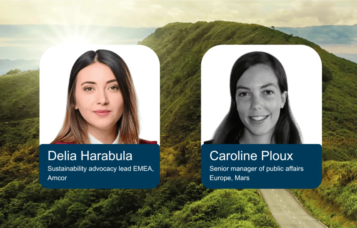 Delia Harabula, Sustainability Advocacy Lead EMEA at Amcor, is shown with long dark hair, wearing a red blazer and white shirt. On the right, Caroline Ploux,