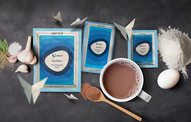 Amcor AmFiber paper packaging sachets for culinary and dry beverages ...