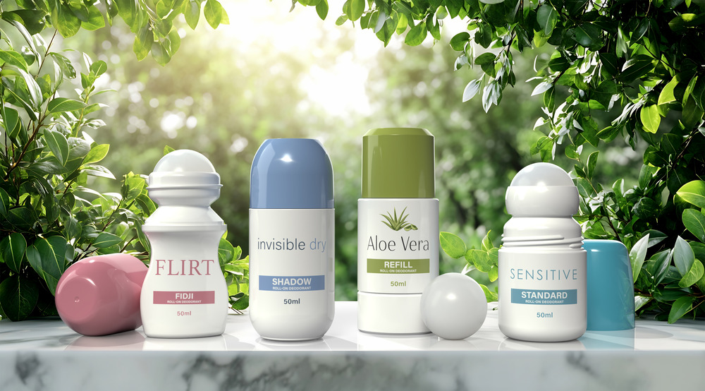 Natural deodorant products displayed in garden setting