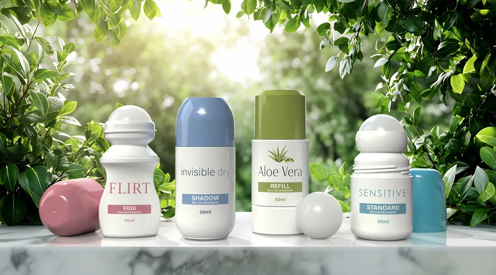 Natural deodorant products displayed in garden setting